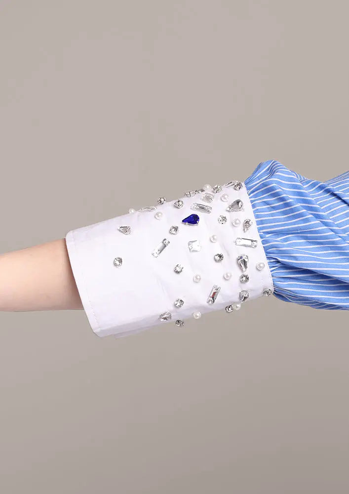 Blue Stripe High-Low Embellished Shirt With Tie-Up Pants IKI CHIC Private Ltd