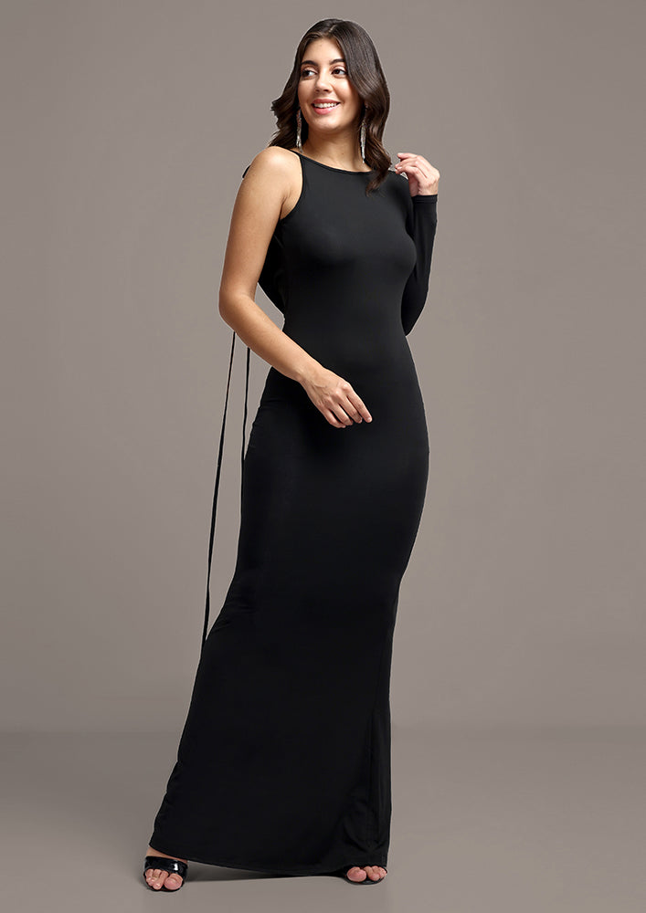 Black Solid Dual Neckline Maxi Gown