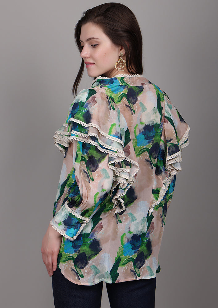 Beige printed chiffon ruffle shirt with lace and pearl buttons