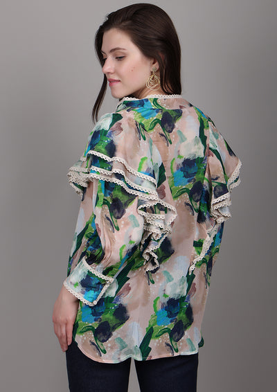 Beige printed chiffon ruffle shirt with lace and pearl buttons