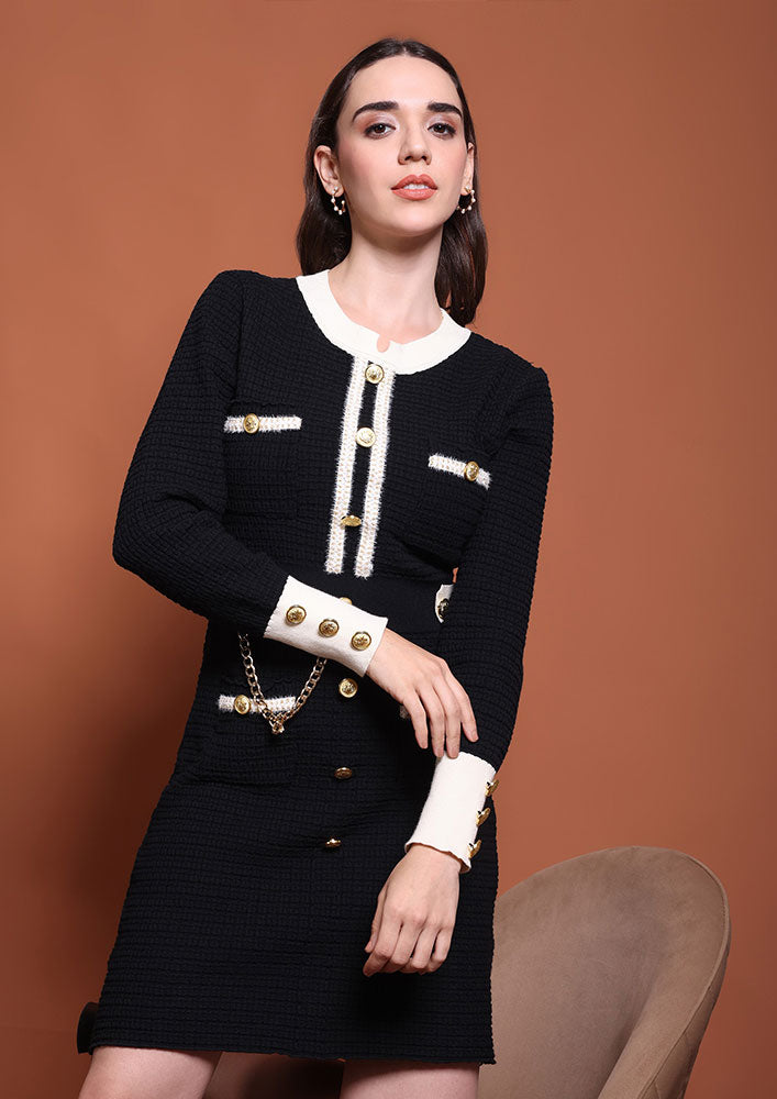 Black Textured Mini Dress with Gold Button Detail