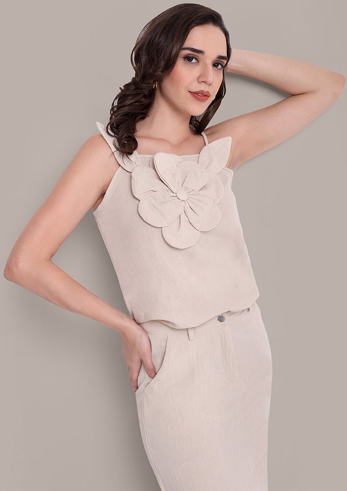 Beige Flower Strappy Top And Skirt Set IKI CHIC Private Ltd.