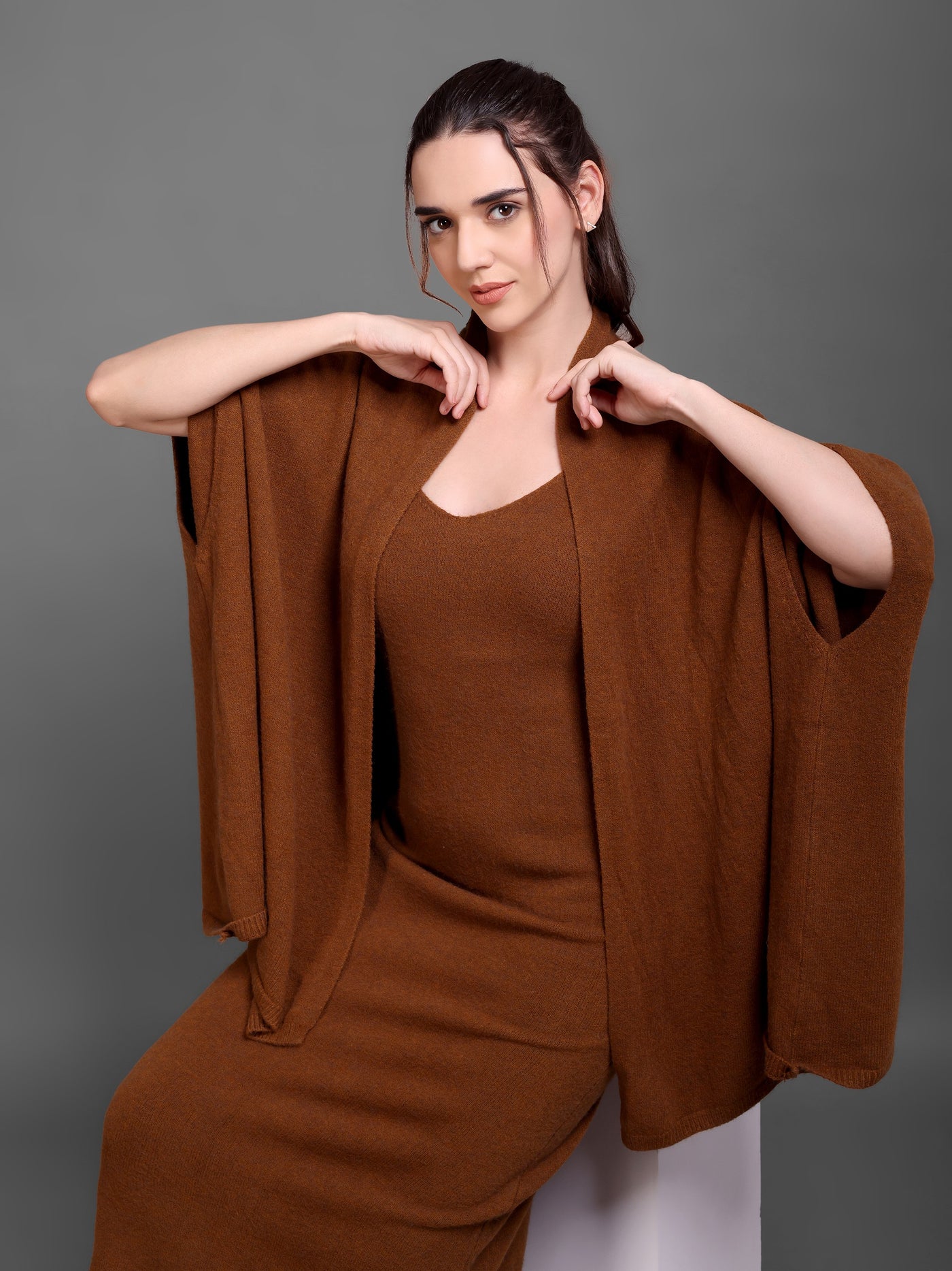 Brown Sleeveless Knit Dress with Matching Cape
