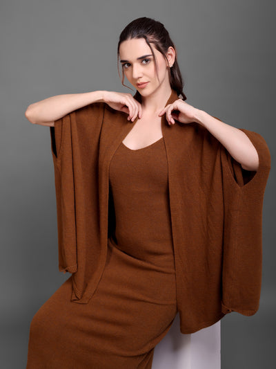 Brown Sleeveless Knit Dress with Matching Cape
