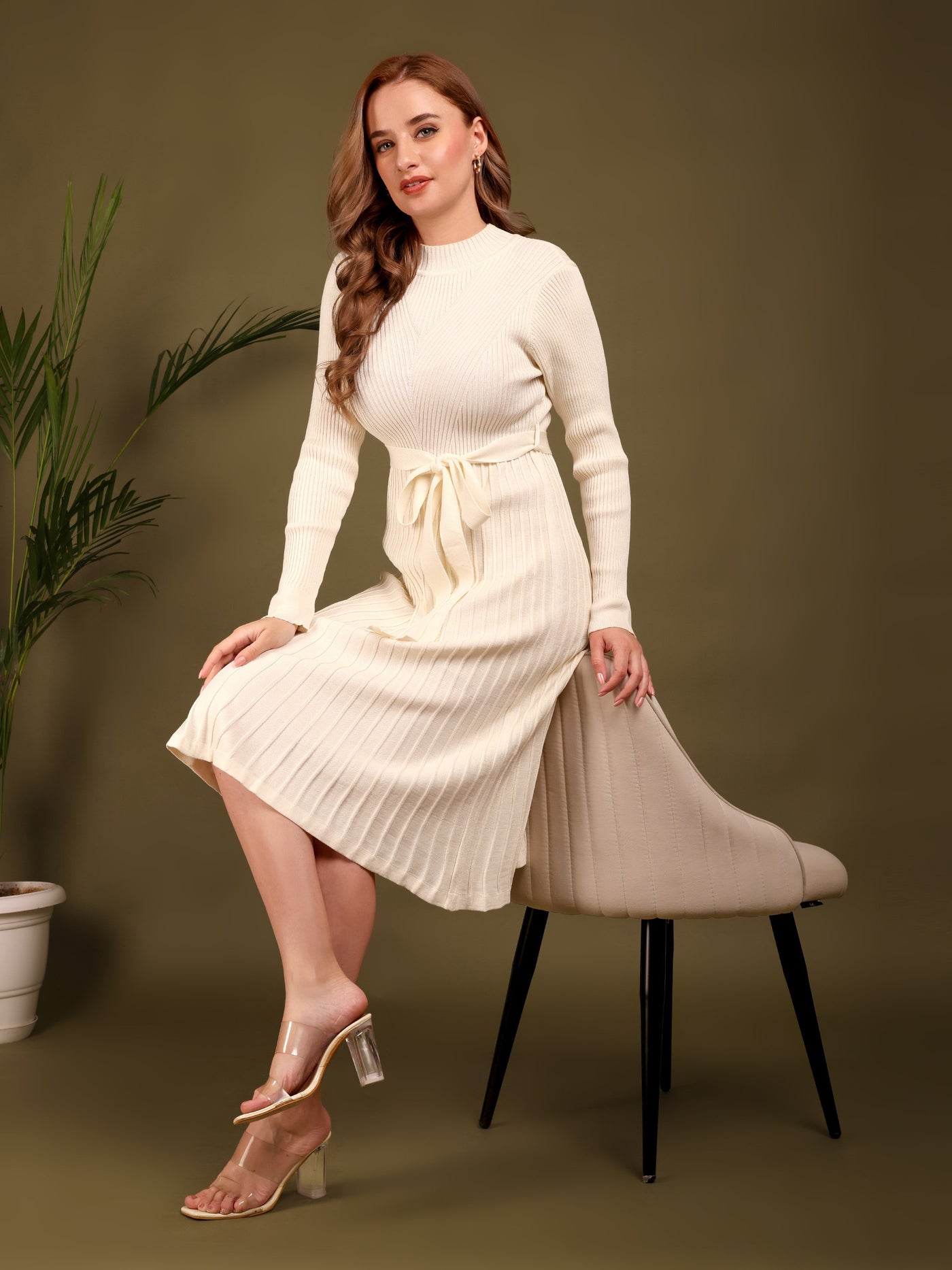 Off White Knitted Midi Dress With Waist Belt