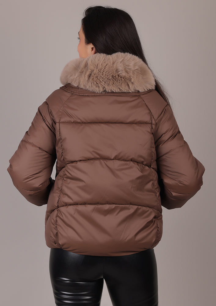 Brown Puffer Jacket With Detachable Fur Collar IKI CHIC Private Ltd.