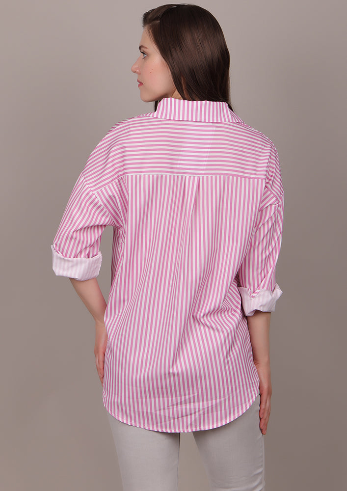 Pink striped shirt with a horizontal-striped pocket IKI CHIC Private Ltd.