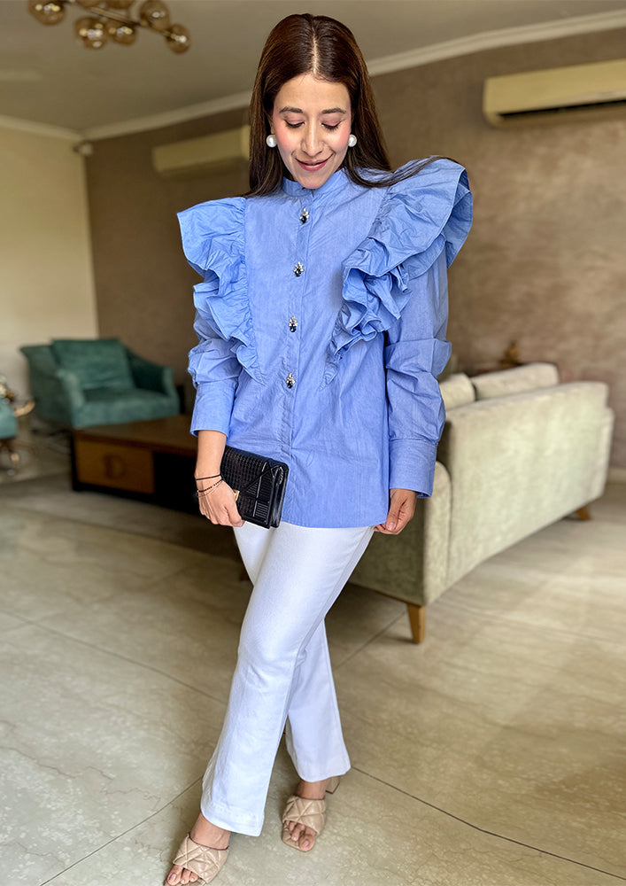 Purple Poplin Oversized Shirt with Ruffle Detailing & Embellishments IKI CHIC Private Ltd.