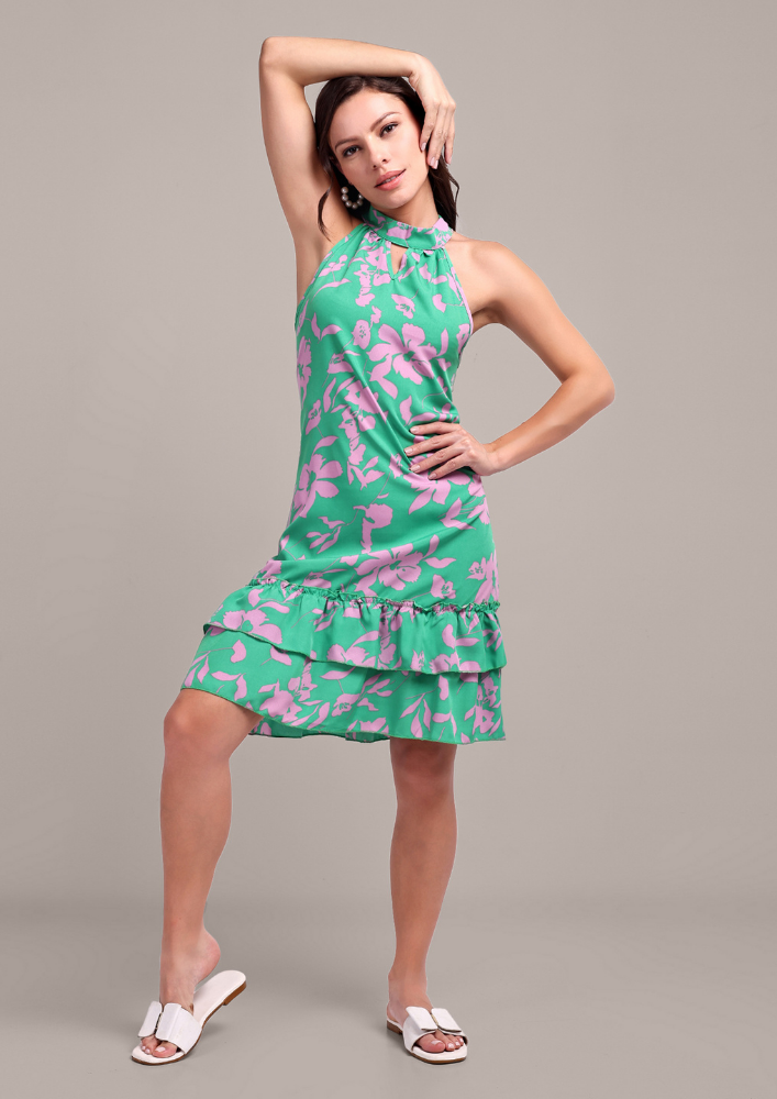 Green & Pink Floral Print Halter Neck Dress