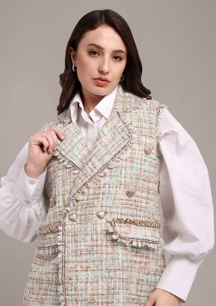 Green Tweed Vest with Embellishments