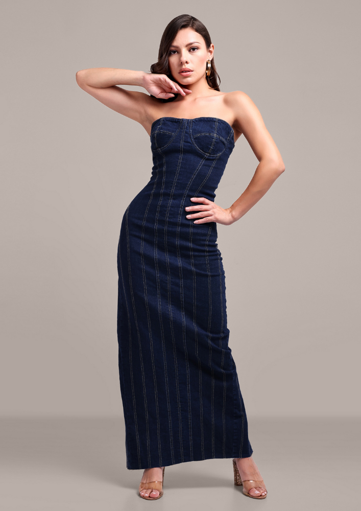 Blue Denim Tube Bodycon Midi Dress