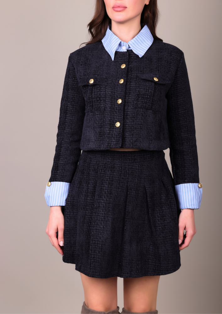 Navy Blue Gold Detail Jacket & High-Waisted Skirt