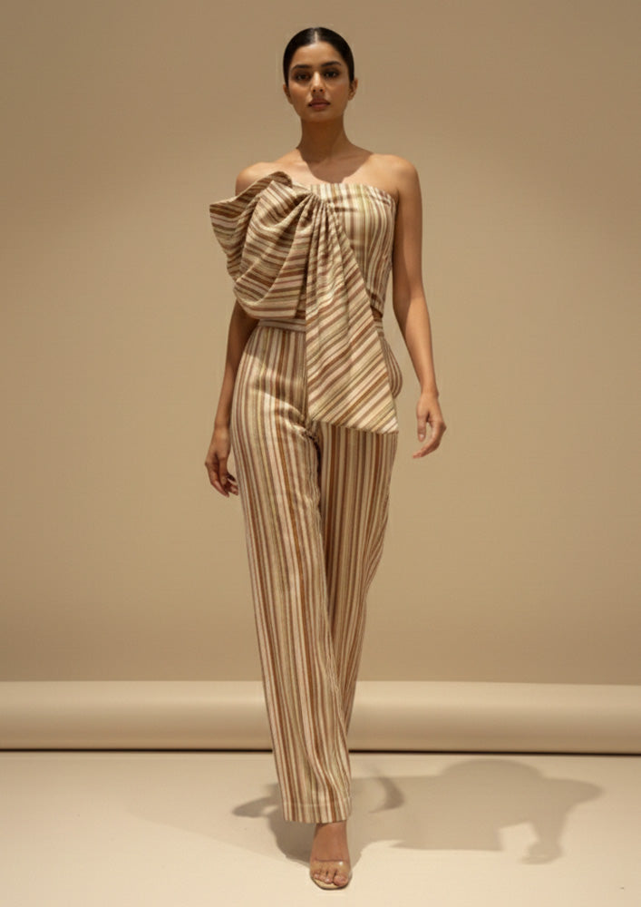 Sunset Stripe Off-shoulder Patched Bow Top With Wide Leg Trouser Set