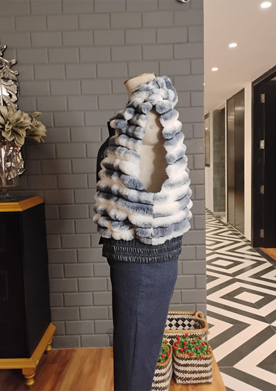 White & Grey Fur Sleeveless Jacket with Leather Detailing