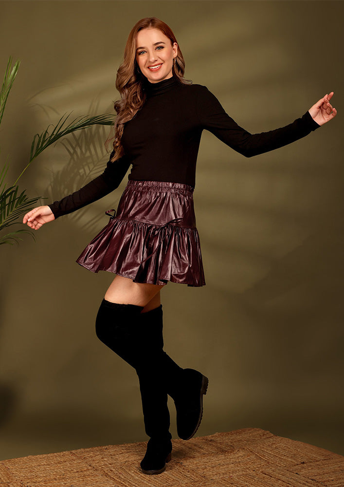 Wine Red Pleated Faux Leather Mini Skirt