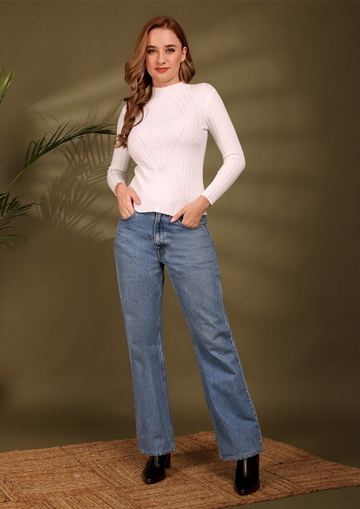 White Fine Knit High Neck Bodyfit Top