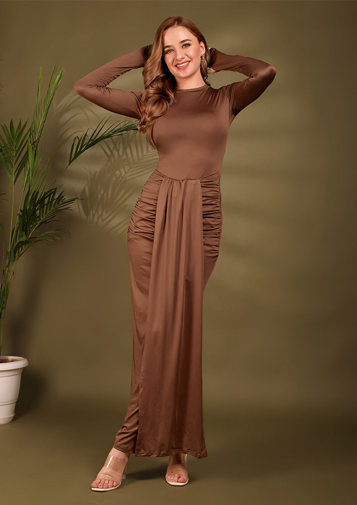 Brown Ruched Drape Bodycon Maxi Dress with Full Sleeves