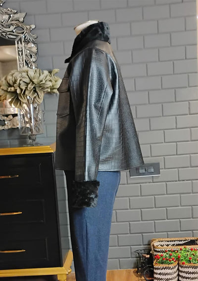 Black Crocodile Leather Jacket With Fur Collars And Detachable Cuffs