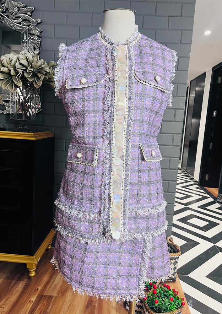 Lilac Fringe Shell Detailing Tweed Jacket Set With Skirt