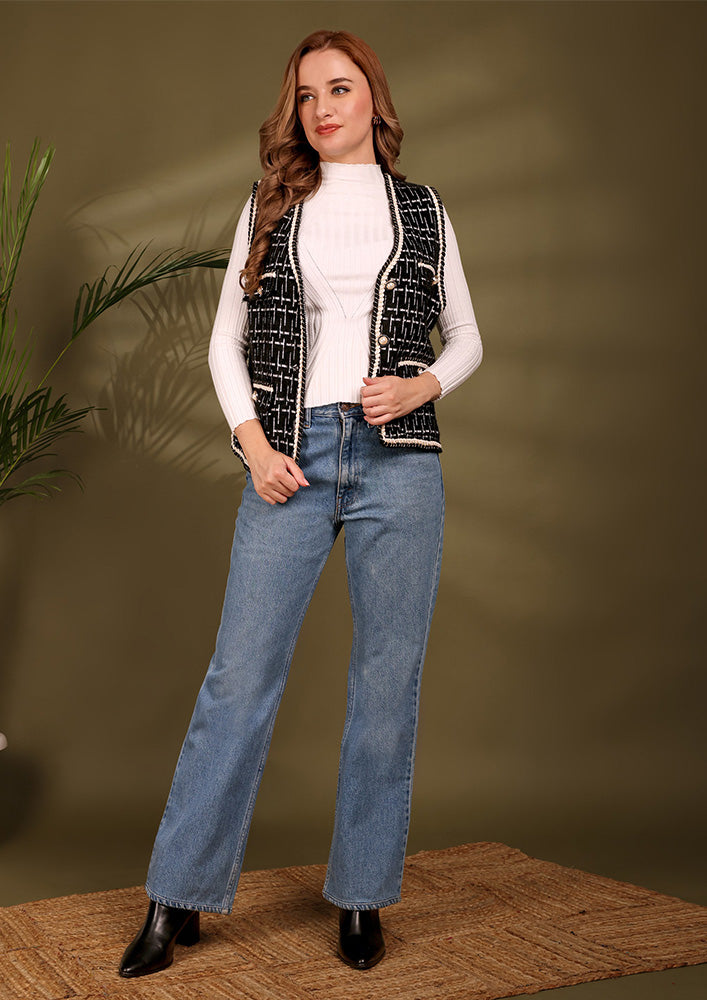 Black Sleeveless Textured Tweed Jacket