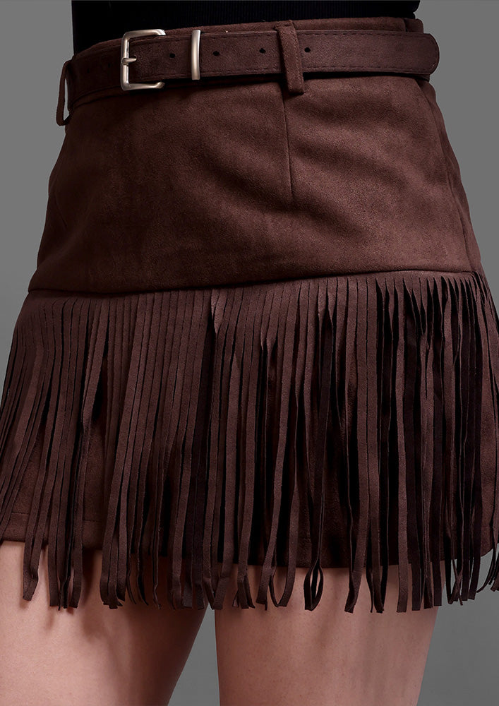 Brown Suede Fringed A-Line Mini Skirt