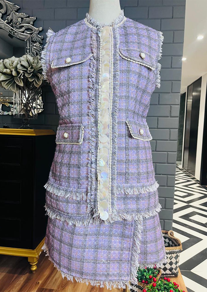 Lilac Fringe Shell Detailing Tweed Jacket Set With Skirt