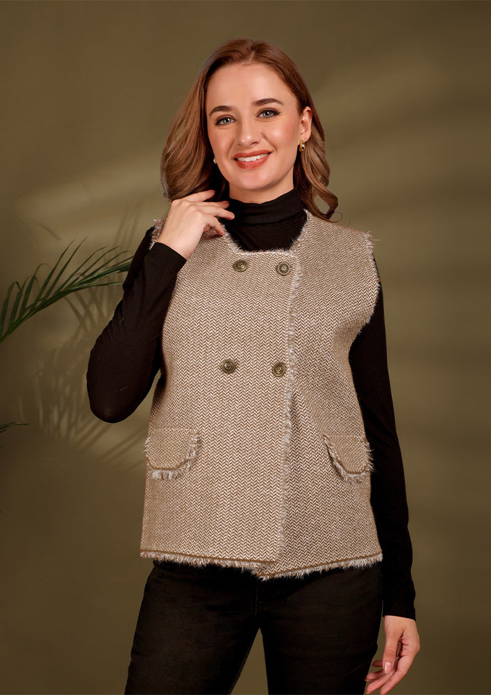 Heeringbone textured Tweed Sleeveless Vest With Raw Edges