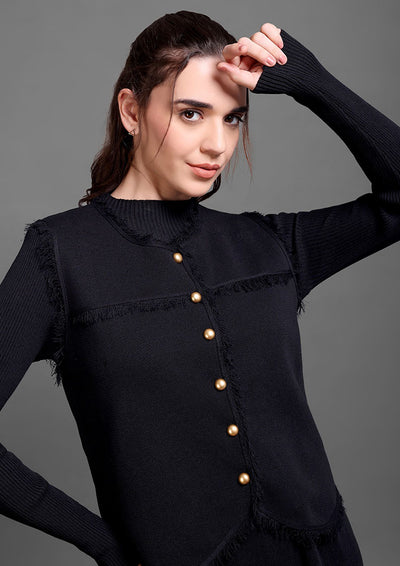 Black Woolen Midi Dress With Front Open Vest