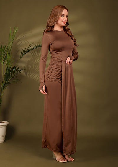 Brown Ruched Drape Bodycon Maxi Dress with Full Sleeves