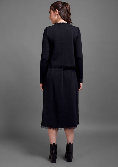 Black Woolen Midi Dress With Front Open Vest