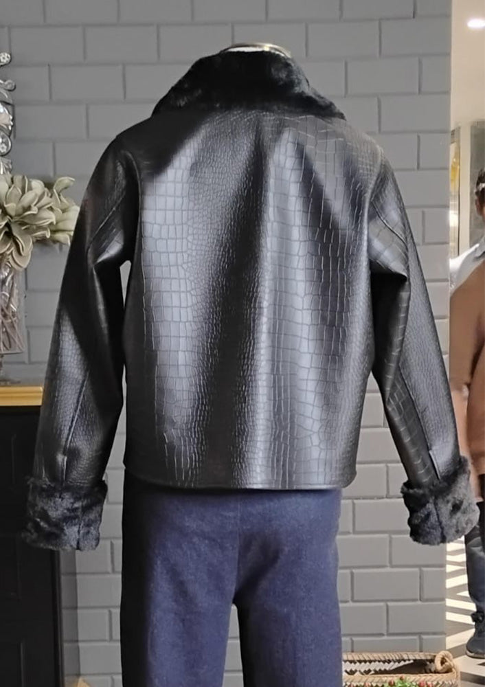 Black Crocodile Leather Jacket With Fur Collars And Detachable Cuffs