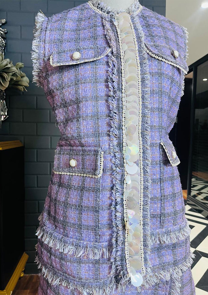 Lilac Fringe Shell Detailing Tweed Jacket Set With Skirt