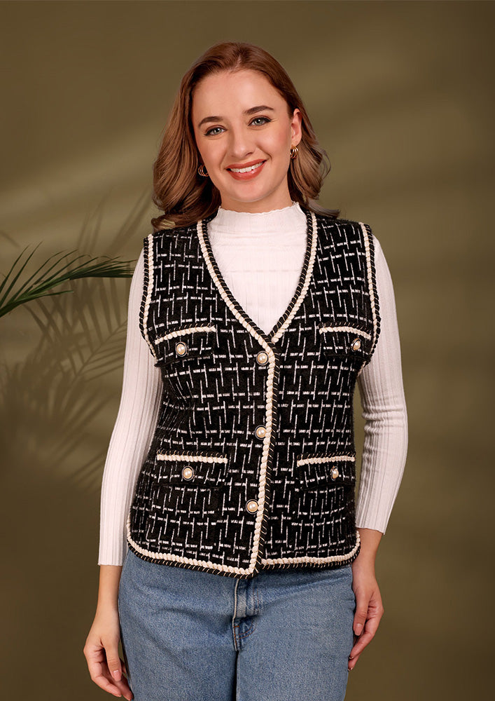 Black Sleeveless Textured Tweed Jacket