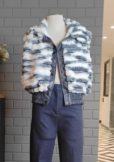 White & Grey Fur Sleeveless Jacket with Leather Detailing