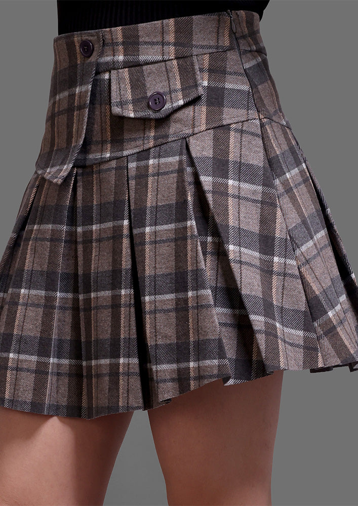 Grey Tartan Check Pleated A-Line Mini Skirt