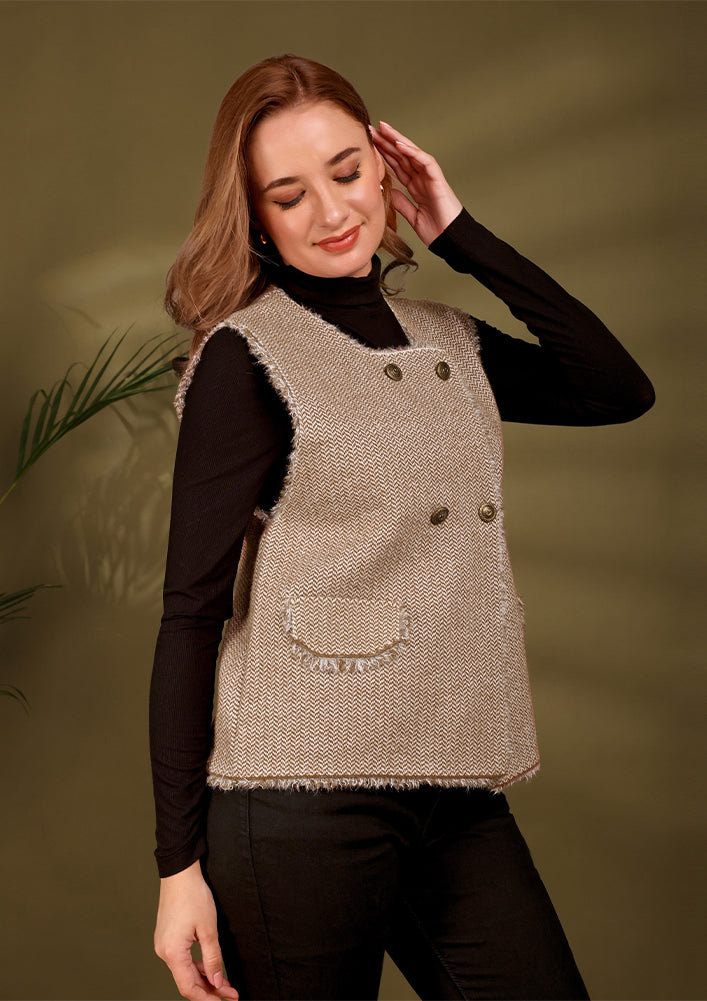 Heeringbone textured Tweed Sleeveless Vest With Raw Edges