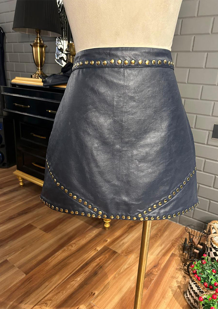 Navy Blue Rivet Detailed Leather Skirt