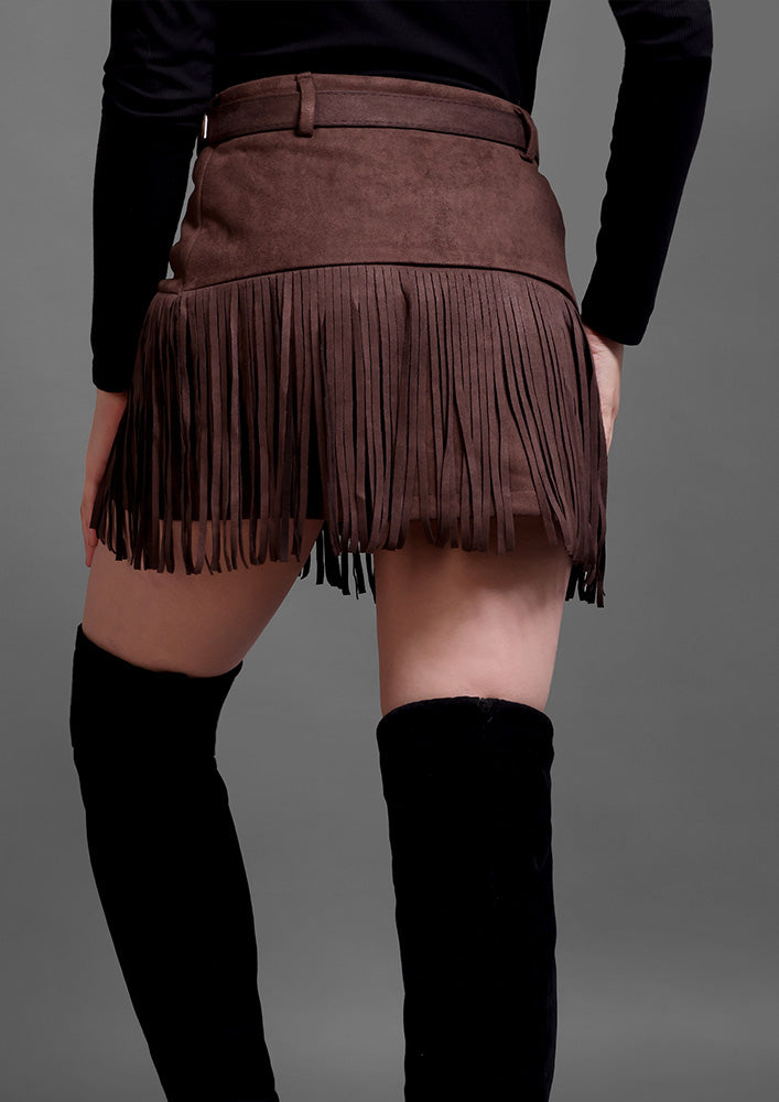 Brown Suede Fringed A-Line Mini Skirt
