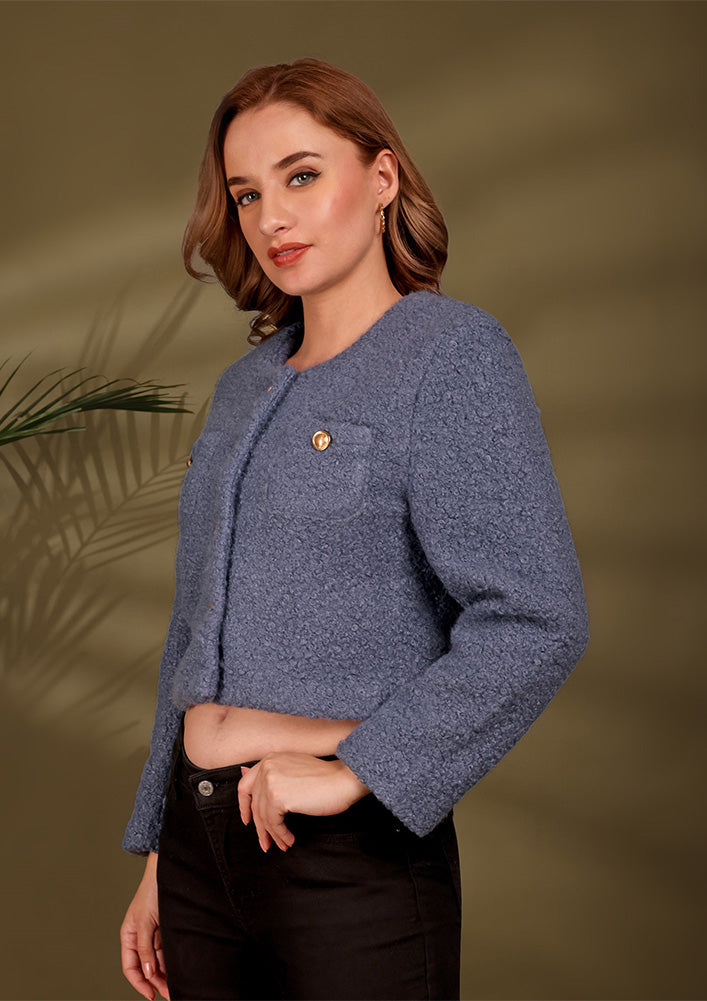 Soft Blue Button -Up Knit Jacket