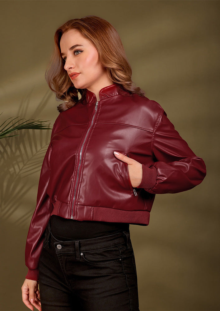 Maroon Zip-Up Leather Jacket