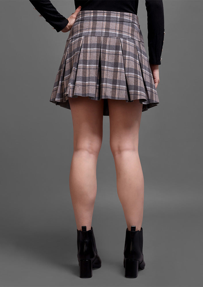 Grey Tartan Check Pleated A-Line Mini Skirt