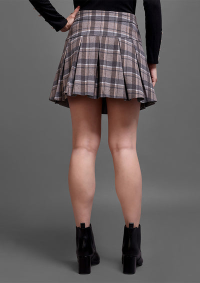 Grey Tartan Check Pleated A-Line Mini Skirt