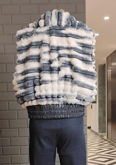 White & Grey Fur Sleeveless Jacket with Leather Detailing