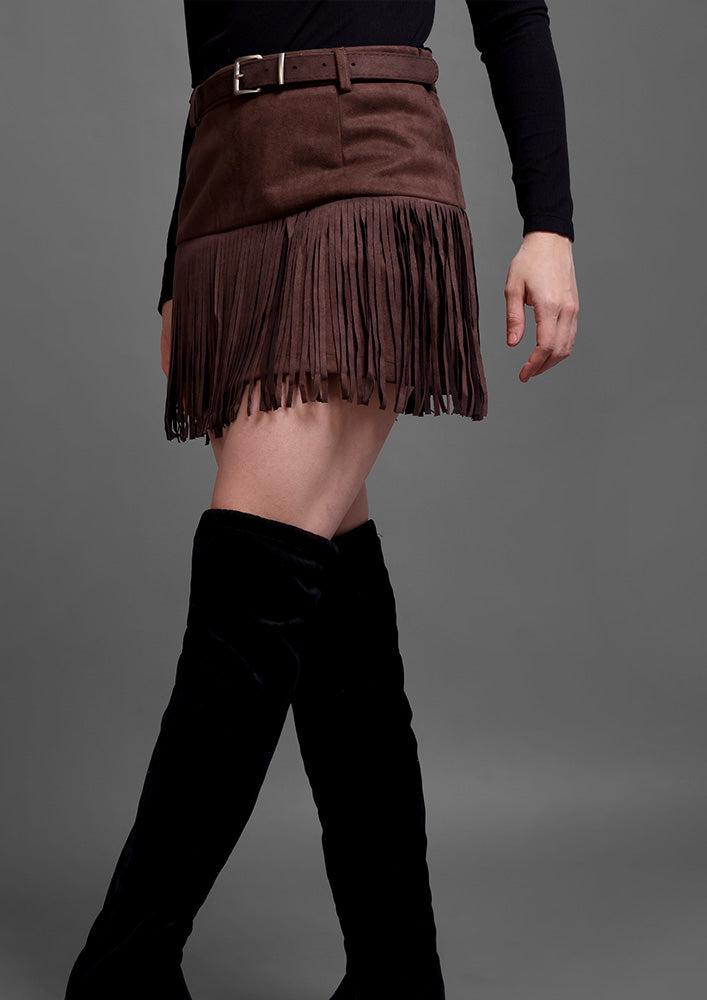 Brown Suede Fringed A-Line Mini Skirt