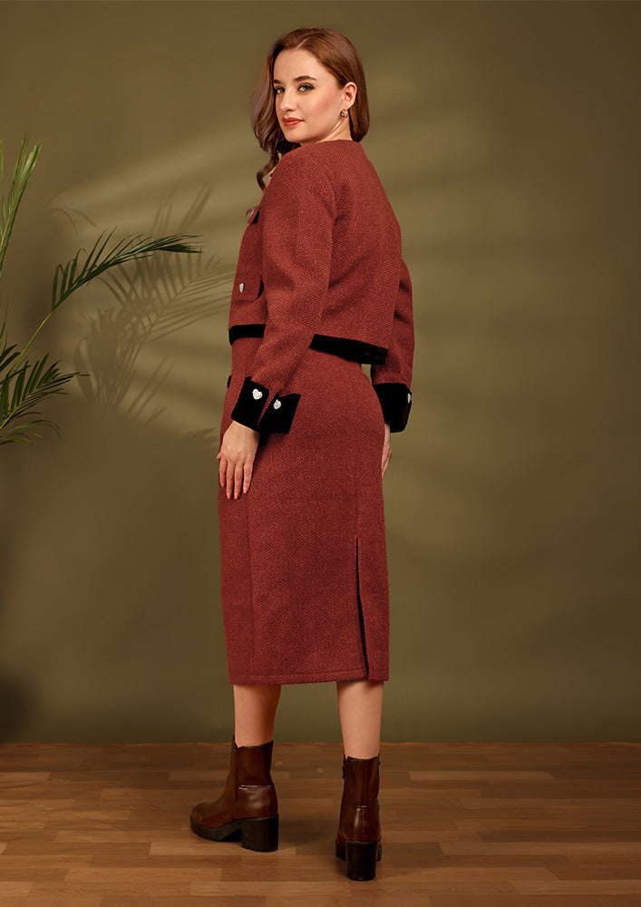 Maroon Tweed Short Jacket And Midi Skirt Set