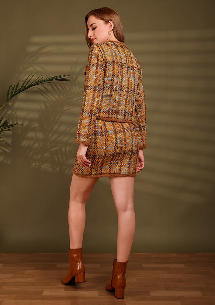 Brown Tweed Jacket And Skirt Set With Fur Detailing