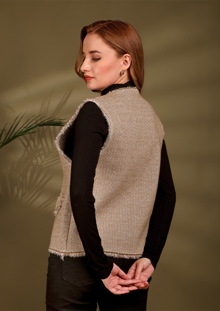 Heeringbone textured Tweed Sleeveless Vest With Raw Edges