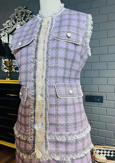 Lilac Fringe Shell Detailing Tweed Jacket Set With Skirt