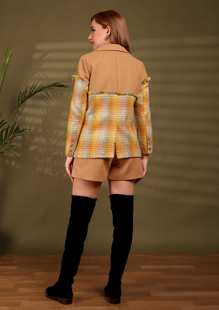 Camel Wool Shorts with Multicolor Tweed Blazer
