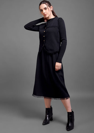 Black Woolen Midi Dress With Front Open Vest